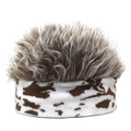 Knit headband beanie with brown spots and messy grey synthetic wig for cosplay hair - Khaki + Brown