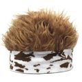 Creative knit wig beanie featuring a brown fluffy faux hair top and patterned white headband - Khaki+Brown