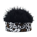 Gros plan détaillé du bonnet fantaisie avec faux cheveux noirs et bandeau imprimé léopard - Perruque Noire Léopard Sommet Ouvert