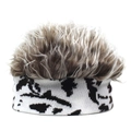 Creative knitted beanie with fuzzy faux hair top and stylish cow print headband for men - Brown+Coffee