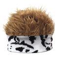Close-up of fluffy dark brown wig top and black and white patterned knit headband detail - Brown + Brown