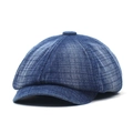 Winter thick denim newsboy cap with dark plaid pattern and warm flocked lining - M (56-58cm) / Light Blue
