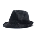 Detailed close-up of a black sequined fedora hat featuring shiny sequins and satin ribbon - Black