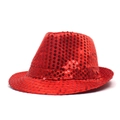 Macro detail of glossy red sequins on a classic fedora hat for stage performances - Red