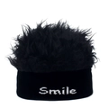 Funny black knitted beanie with black faux fur wig and white Smile embroidery - One Size / Black + Black