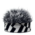 Creative knitted beanie with grey faux wig top and striped pattern for winter party fashion - M (56-58cm) / Square Blocks + Gray Hair