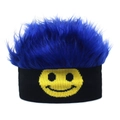Close-up of fluffy blue faux hair beanie with a yellow smiley face on black knit band - Smiley Royal Blue
