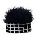 Detail of creative knit wig hat showing black faux fur top and checkered pattern weave - M (56-58cm) / Grid Pattern + Black Hair