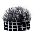 Creative knitted beanie with grey and white synthetic wig hair and checkered brim - M (56-58cm) / Grid Pattern + Gray Hair