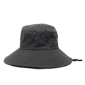 Detail view of dark grey bucket hat with metal eyelets and adjustable windproof cord - Adjustable / Green
