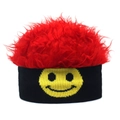 Detail of red faux fur top and black knitted headband with yellow smiley face logo - Smiley Red