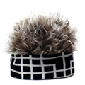Detail of creative knit beanie with grey faux fur top and black white checkered pattern - M (56-58cm) / Grid Pattern + Brown Hair