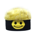 Black knitted beanie featuring a vibrant yellow wig and a classic smiley face pattern - Smiley Yellow