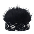 Detail of creative knit beanie featuring black faux fur top and diamond pattern cuff - M (56-58cm) / Small Argyle + Black Hair