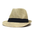 Classic fedora straw hat in beige and light brown with a wide black decorative ribbon - 58cm / Beige