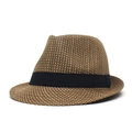Classic tan hand-woven straw fedora hat with black decorative band and breathable design - 58cm / Tan