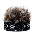 Macro shot of black and white argyle knit headband with fluffy brown curly wig hair - M (56-58cm) / Small Argyle + Brown Hair