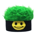 Funny green hairy knit beanie with yellow smiley face pattern and black ribbed band - Smiley Green
