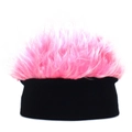 Detail of creative knit wig hat with black base and pink faux hair for fun costume - Adjustable / Black and Pink