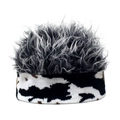 Creative hip-hop wig beanie featuring grey faux hair and a cow print knit pattern - Grey Black Wig Cow Print