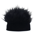 Close-up of fluffy black synthetic wig hair and knitted base on the novelty beanie hat - Adjustable / Black and Black