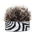 Creative knit beanie with zebra stripes and brown faux hair top for party hip hop style - M (56-58cm) / Fingerprint Pattern + Brown Hair