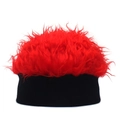 Detail of red fluffy wig hat with dense synthetic fur and black elastic band for parties - Adjustable / Black + Red