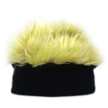 Close-up of funny knitted beanie with vibrant yellow synthetic wig hair for cosplay - Adjustable / Black + Yellow
