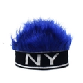Dettaglio dei capelli sintetici blu brillante e ricamo NY sulla fascia in maglia nera - Regolabile / NY Nero Blu Reale