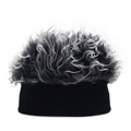 Close-up of the creative beanie featuring fluffy grey faux hair wig on a knit base - Adjustable / Black+Grey