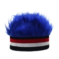 Detail of blue faux fur top and striped knit band on funny costume wig beanie hat - Red Black Stripe + Royal Blue Wig