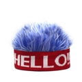 Detail of creative blue faux fur wig hat with red knitted band featuring white HELLO text - HELLO + White Tipped Blue