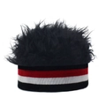 Striped knit beanie with funny black faux hair top for parties and cosplay events - Red Black Stripe + Black Wig