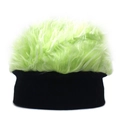 Detail of the green fuzzy wig cap with a black knit band for funny party costumes - Adjustable / Black And Light Green