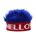 Detail of red knit hat featuring fluffy blue faux fur hair and white HELLO text - HELLO + Royal Blue