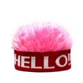 Detail view of pink fluffy plush wig hat featuring red knitted band with HELLO text - HELLO + Pink