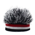 Close-up of the plush grey synthetic wig texture and striped knit band of the hat - Red Black Stripe + Gray Wig