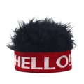Detail of red knit headband with Hello text and black fluffy faux fur top hair - HELLO + Black