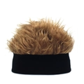 Close-up of funny synthetic wig hat showing golden brown fiber texture and knit headband - Adjustable / Black and Brown