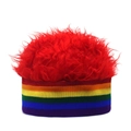 Detail of red faux fur top and rainbow striped knitted brim on a creative novelty wig hat - Red