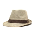 Classic linen fedora hat in beige with dark brown woven band and curved brim for summer - Adjustable / Beige