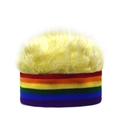 Detail of creative rainbow knit headband with vibrant yellow faux fur wig top for parties - Yellow