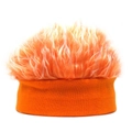 Detail of creative orange wig beanie featuring fluffy synthetic hair and knitted brim - Adjustable / Orange
