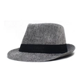 Linen blend jazz fedora hat in grey black textured weave with black ribbon band - Adjustable / Gray