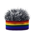 Close-up of curly silver synthetic wig with a rainbow striped knit headband and texture - Gray