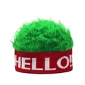Détail du bonnet perruque vert avec bandeau rouge en tricot et inscription HELLO blanc - HELLO + Vert Foncé