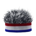 Detalle de la diadema tejida a rayas azul blanco rojo con peluca gris de pelo sintético - Rayado Rojo Azul + Peluca Gris