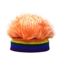 Rainbow striped knit beanie with dramatic bright orange faux fur wig top for party fashion - Orange