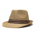 Classic khaki straw fedora hat with red black white striped ribbon for summer vacation - Adjustable / Khaki