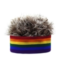 Close-up of rainbow striped knit headband with grey afro hair wig for party costumes - Coffee